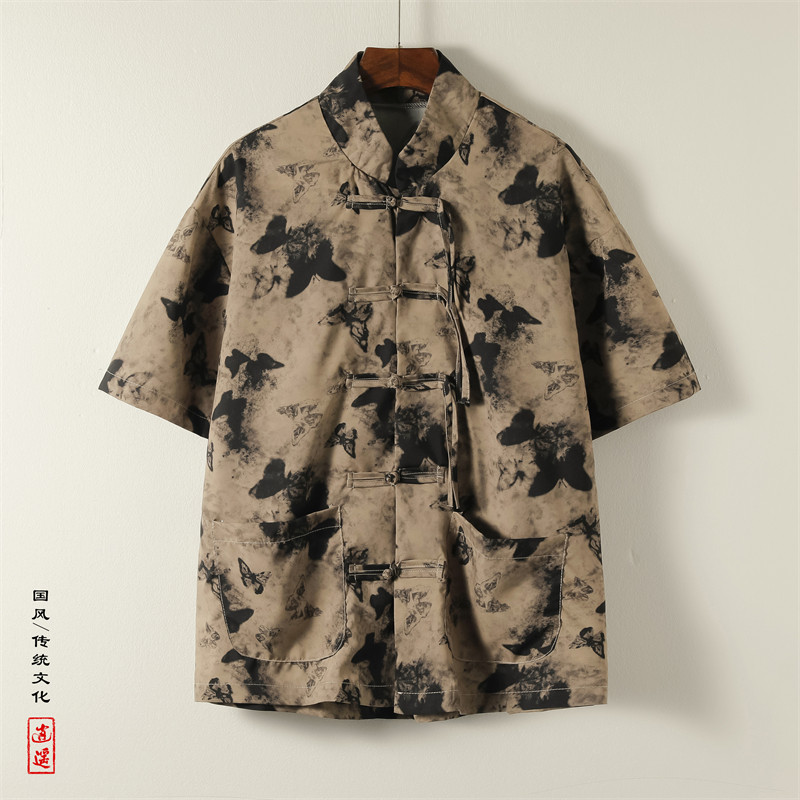 新中式I盘扣短袖衬衫男改良汉服唐装蝴蝶印花外套CS56-P65控88图片