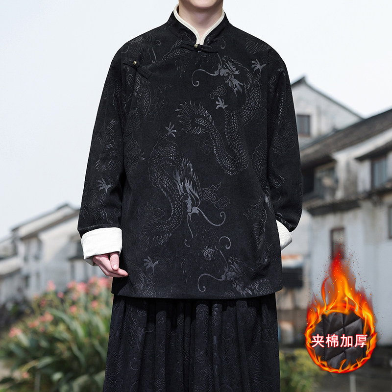 新中式S斜襟龙纹灯芯绒中山装夹棉加厚外套棉衣JK1020-P135控158图片