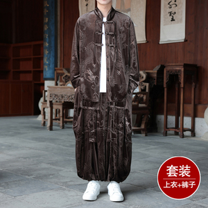 新中式P盘扣龙纹金丝绒衬衫夹克折褶阔腿裤套装男TZ181-P146控168图片