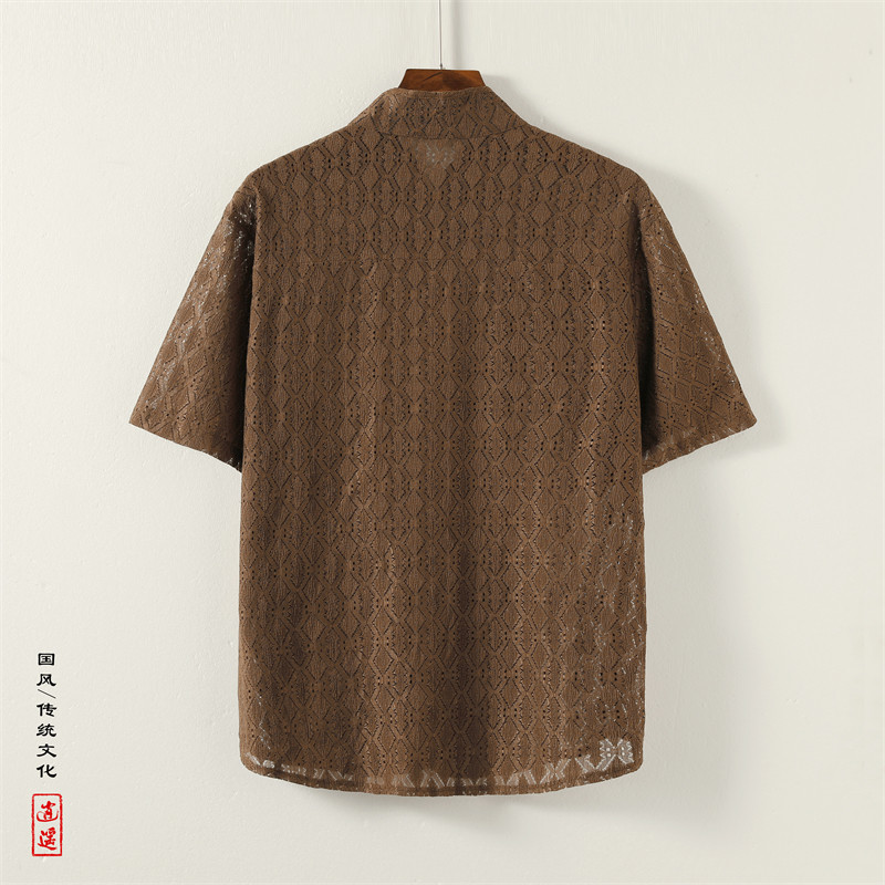 新中式K盘扣小众镂空设计透气冰丝菱形纹短袖衬衫男CS53-P68控88,男装T恤,电商A005
