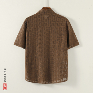 新中式K盘扣小众镂空设计透气冰丝菱形纹短袖衬衫男CS53-P68控88图片
