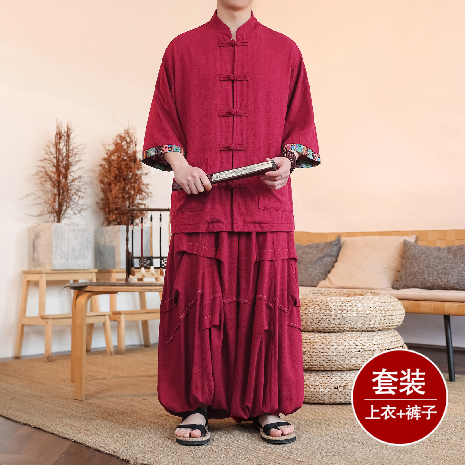 风G拼色棉麻衬衫外套折褶小众阔腿裤套装男TZ169-P153控178,男装休闲套装,电商A005