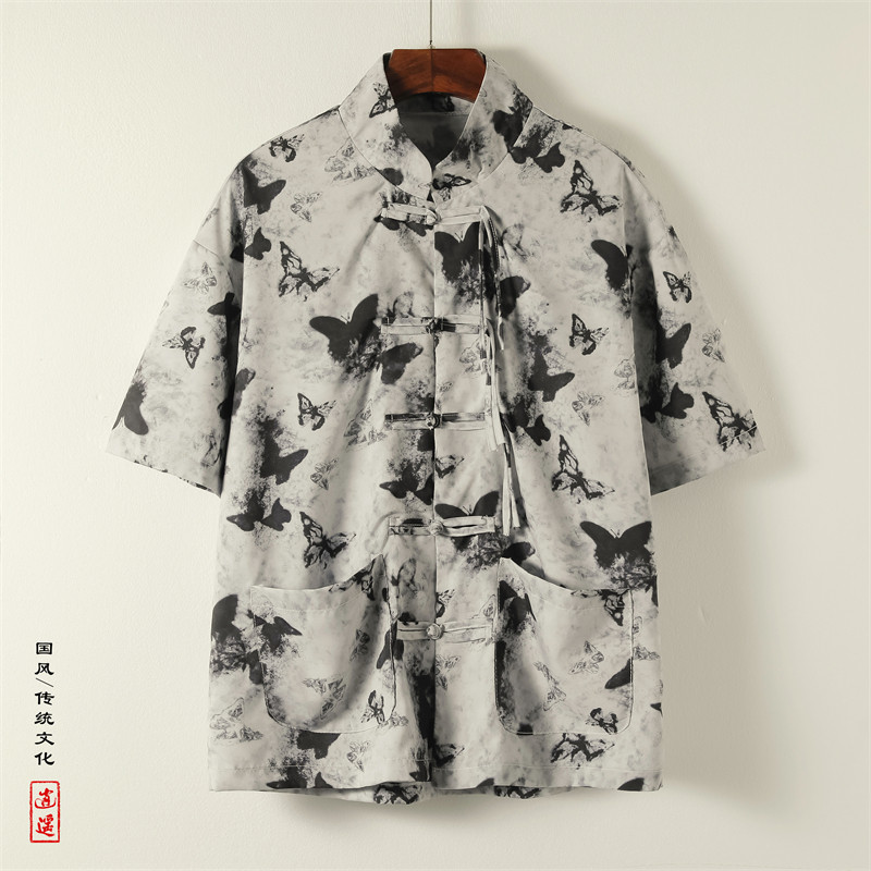 新中式J盘扣短袖衬衫男改良汉服唐装蝴蝶印花外套CS56-P65控88图片