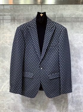 秋冬新款戗驳领高级感印花修身小西装外套男士休闲痞帅单西服高端