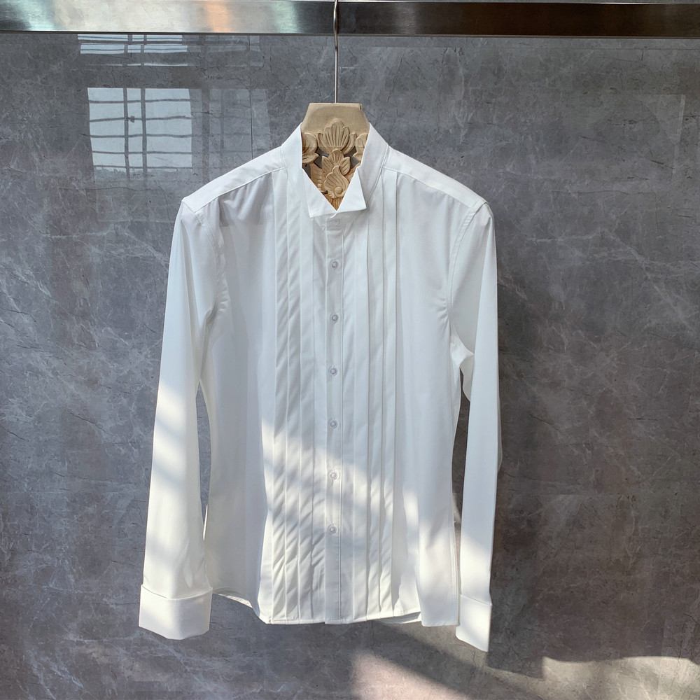 2025春季新款英伦白色长袖衬衫男士免烫韩版法式领新郎白衬衣寸衫