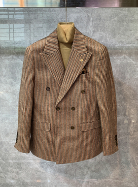 2025冬季新款千鸟格加厚修身双排扣西装外套男士韩版潮流痞帅西服