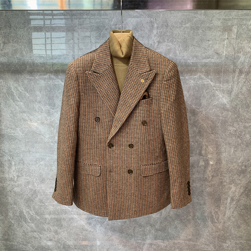 男士韩版痞帅千鸟格加厚双排扣