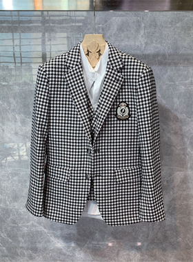 英伦风千鸟格黑白格修身小西装外套男士韩版潮流时尚正装商务西服