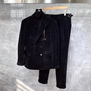 冬季灯芯绒双排扣西装男士英伦风痞帅休闲正装高级感加厚西服套装
