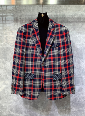 英伦轻熟风高级感撞色格子修身小西装外套男士休闲痞帅单西服上衣