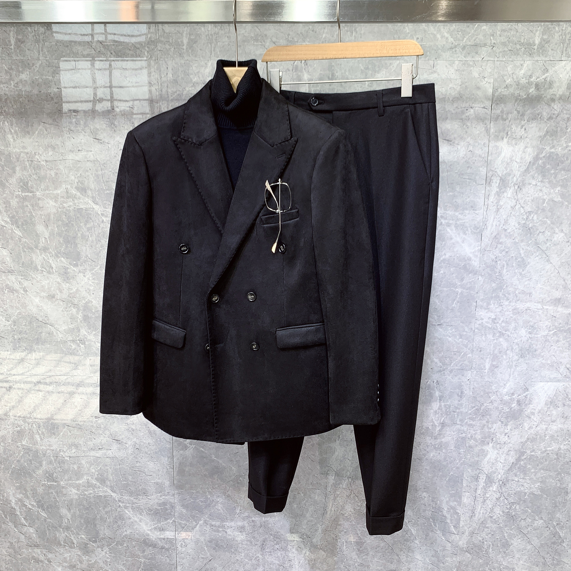 英伦风休闲痞帅正装新郎皮绒加厚