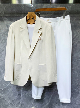 2025夏季新款高级感杏色西装男士韩版潮流休闲痞帅西服套装高端薄