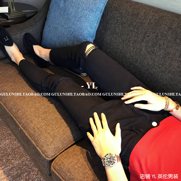 破洞韩国东大门弹力小脚牛仔裤