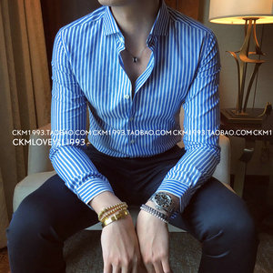 韩国男装英伦修身长袖条纹衬衫男士东大门秋季韩版日系商务衬衣潮
