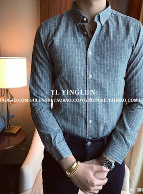 古伦仕灰色条纹修身长袖衬衫男士英伦韩版免烫商务新郎衬衣寸衫男