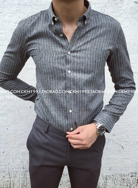 古伦仕修身长袖条纹商务休闲衬衫灰色韩版韩国东大门免烫男士衬衣