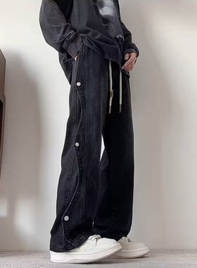拼接纽扣牛仔裤男春秋季嘻哈美式