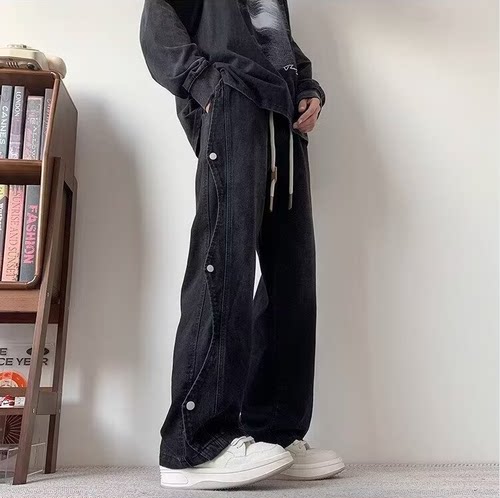 拼接纽扣牛仔裤男春秋季嘻哈美式