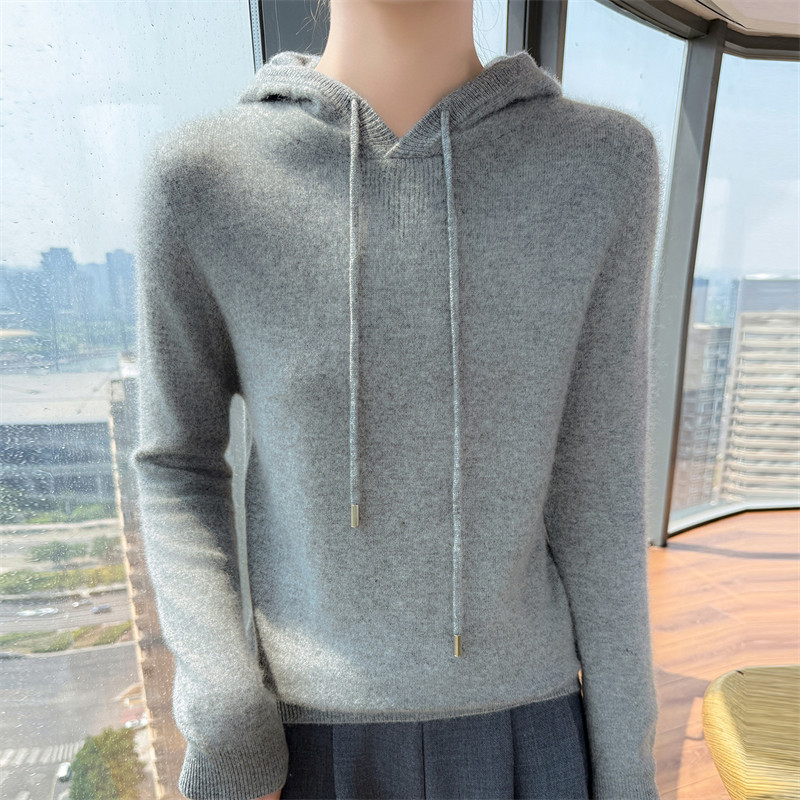 100%羊毛衫女连帽套头宽松软毛衣