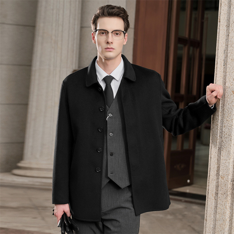 100%羊毛秋冬新款男装双面呢子大衣西装领上衣中款翻领羊绒短外套