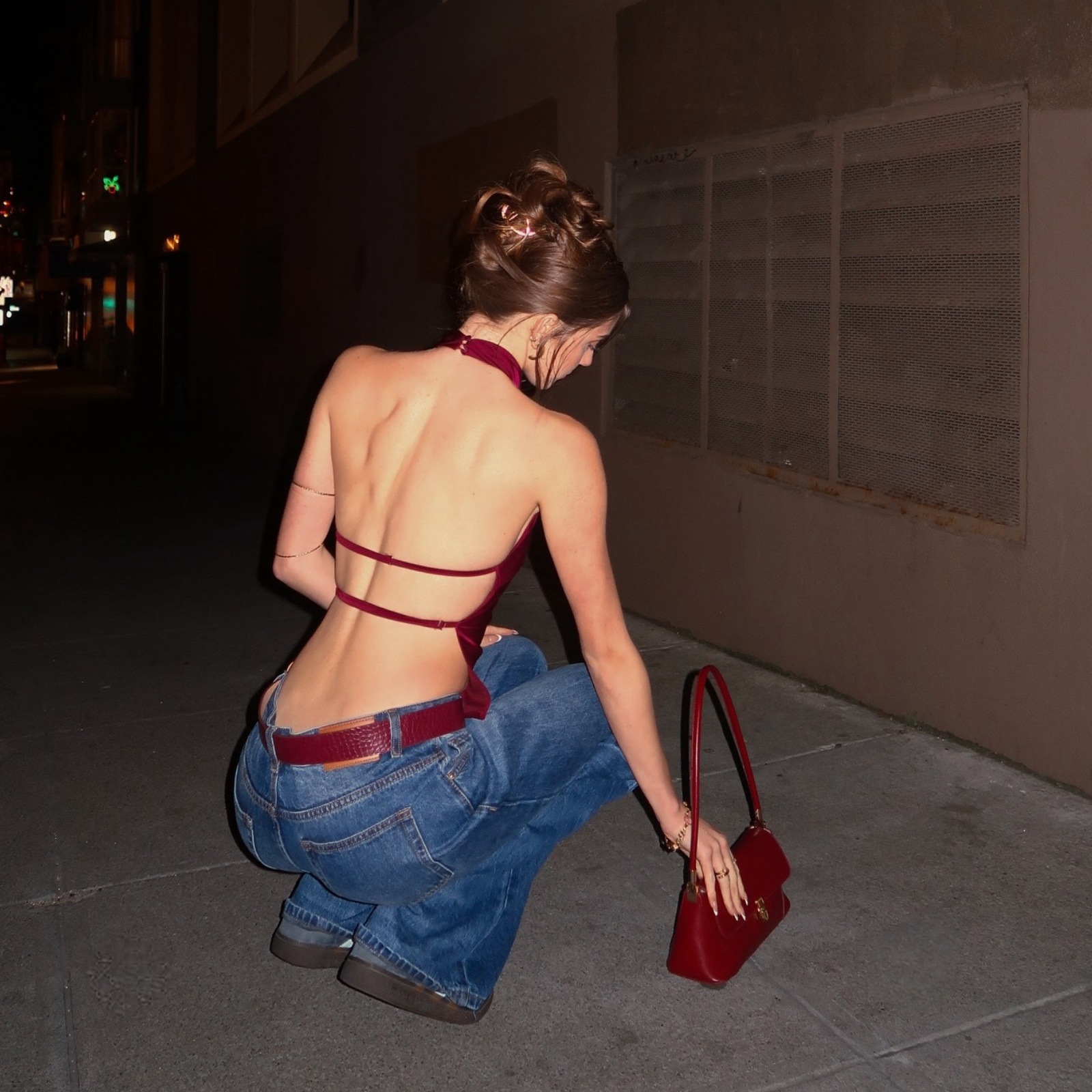 美式复古红色挂脖露背收腰背心女