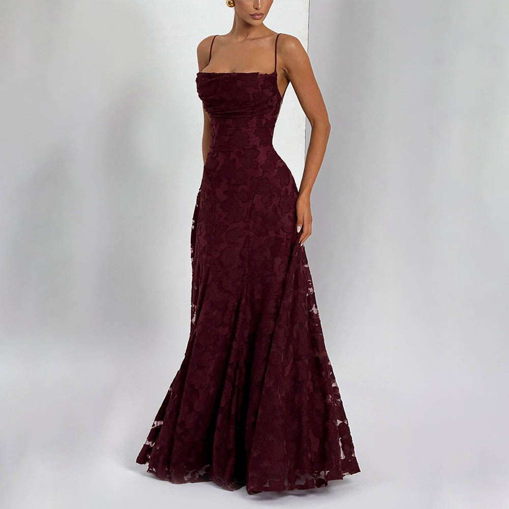 Outfitgirl酒红色高级感露背绑带收腰晚装加长礼服红毯走秀连衣裙