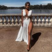 欧美风女装 连衣裙婚礼深V高开叉part大摆拖地礼服长裙 ins性感时尚