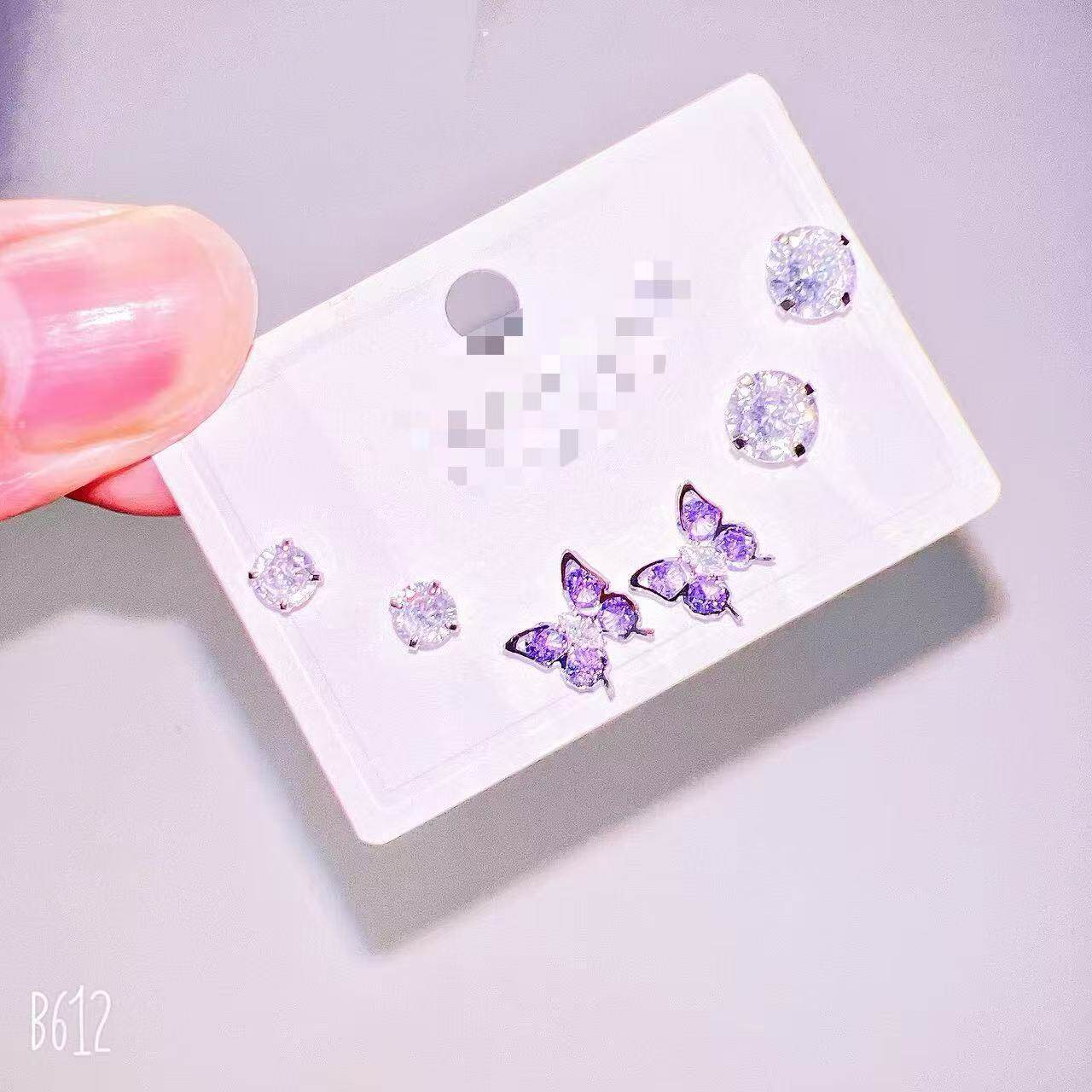 韩版小巧设计风紫色水晶锆石蝴蝶银针耳环三件套百搭款气质耳钉女