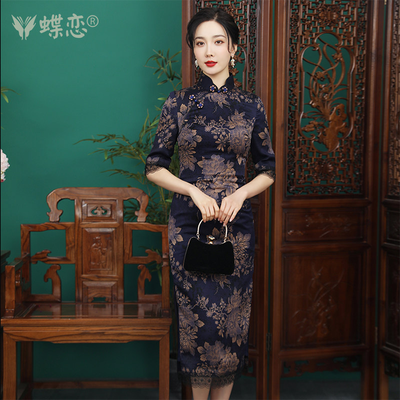 蝶恋 清风花月 老上海旗袍民国风珍珠缎香云纱旗袍优雅气质旗袍