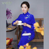 蝶恋青木苓 改良旗袍中国风旗袍裙长款 刺绣羊毛崔万志旗袍连衣裙