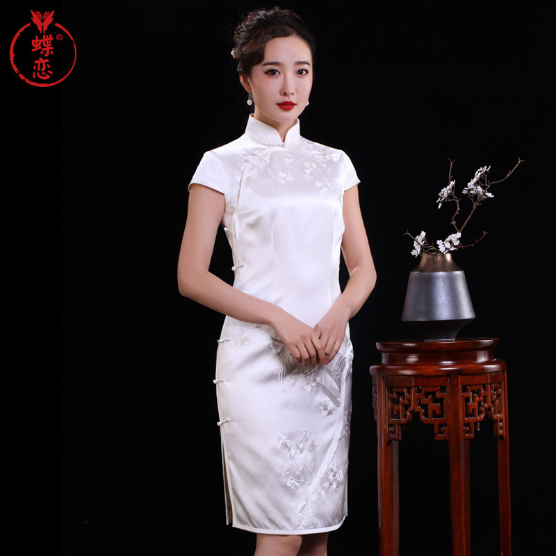 蝶恋雪梅 重磅真丝绣花连衣裙复古改良崔万志旗袍裙宴会礼服女