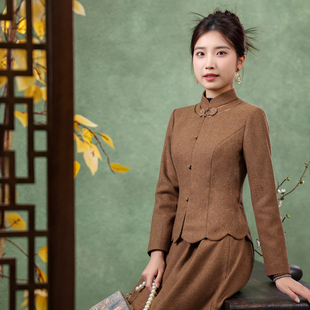 保暖毛呢外套女 显瘦上衣崔万志国风中式 蝶恋绵羊毛呢立领长袖 修身