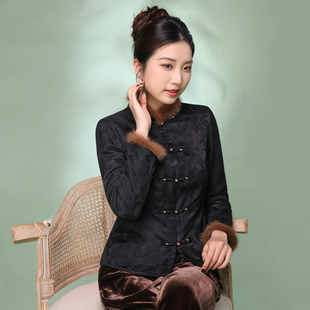 蝶恋桑蚕丝交织提花水貂毛保暖外套崔万志中式 羊毛内胆棉服 修身