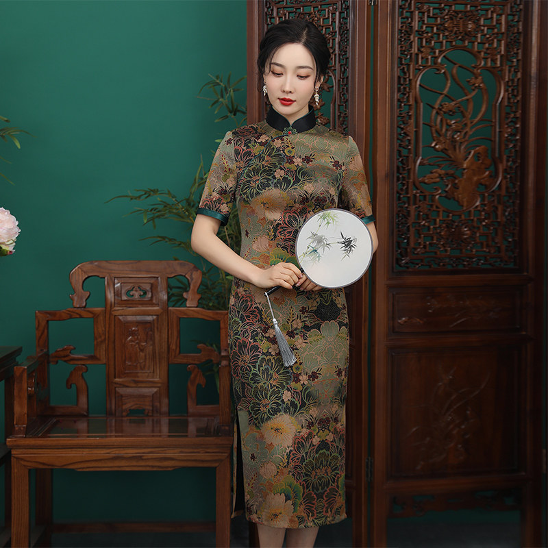 蝶恋 镜花缘 春夏珍珠缎香云纱旗袍国风复古气质订珠中长款旗袍裙