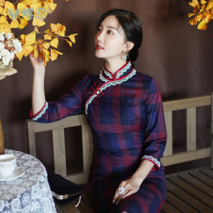 修身 改良旗袍中长款 民国风复古羊毛崔万志旗袍裙 春秋款 蝶恋颜然