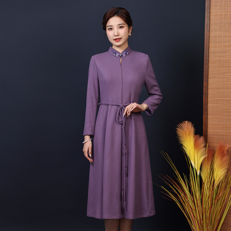 蝶恋秋冬美利奴羊毛绉中长款女裙新中式撞色花扣崔万志长袖连衣裙,女装/女士精品,连衣裙,淘宝优惠券,粉丝福利购,淘宝优惠卷