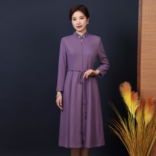 连衣裙 撞色花扣崔万志长袖 蝶恋秋冬美利奴羊毛绉中长款 女裙新中式