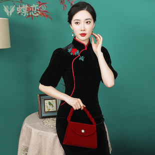 长款 中袖 丝绒连衣裙日常改良崔万志旗袍裙 春秋款 蝶恋月弥静