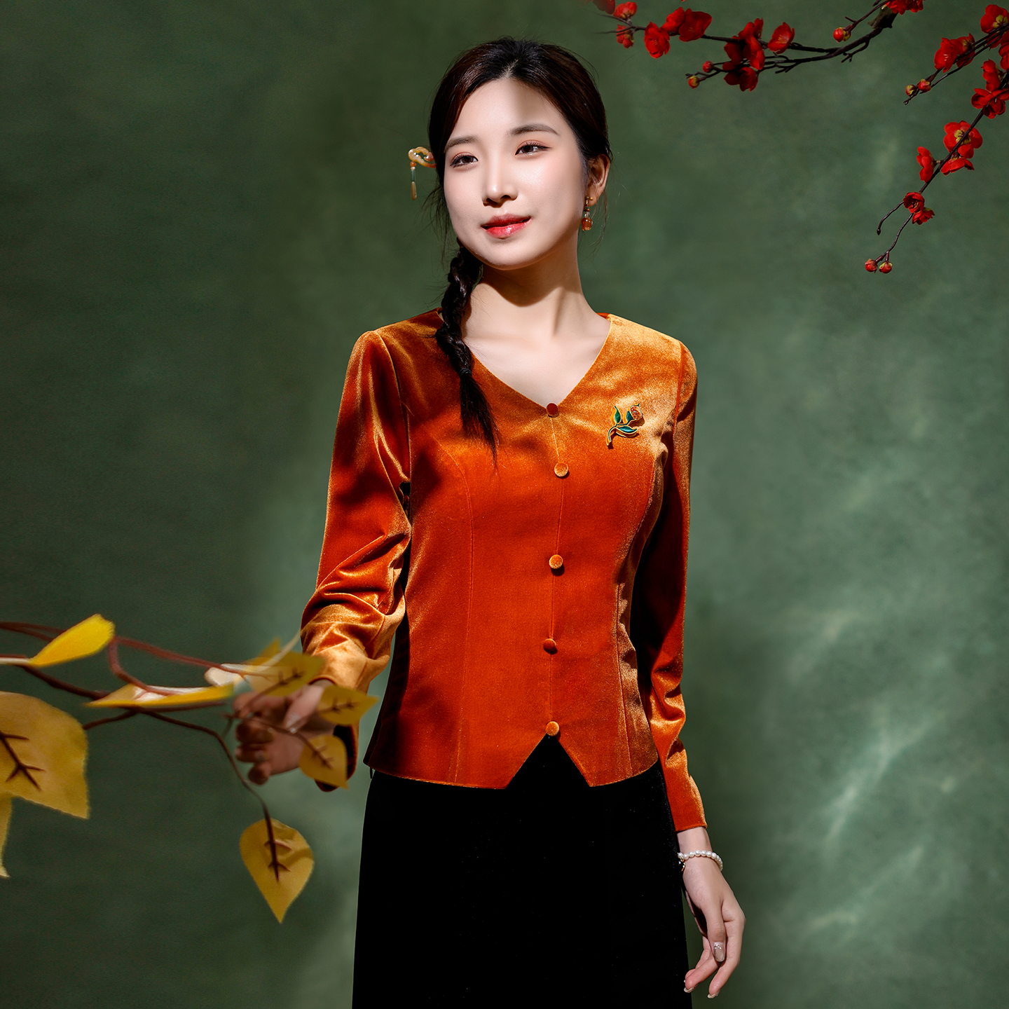 蝶恋真丝绒中式立领长袖上衣