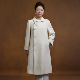 翻领毛呢外套大衣女 外套崔万志中式 蝶恋绵羊毛呢中长款 宽松长袖