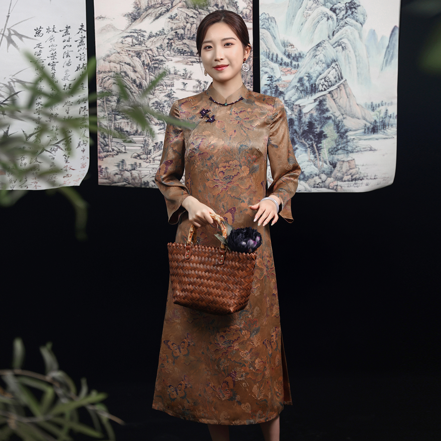 蝶恋花罗红云纱长袖旗袍裙