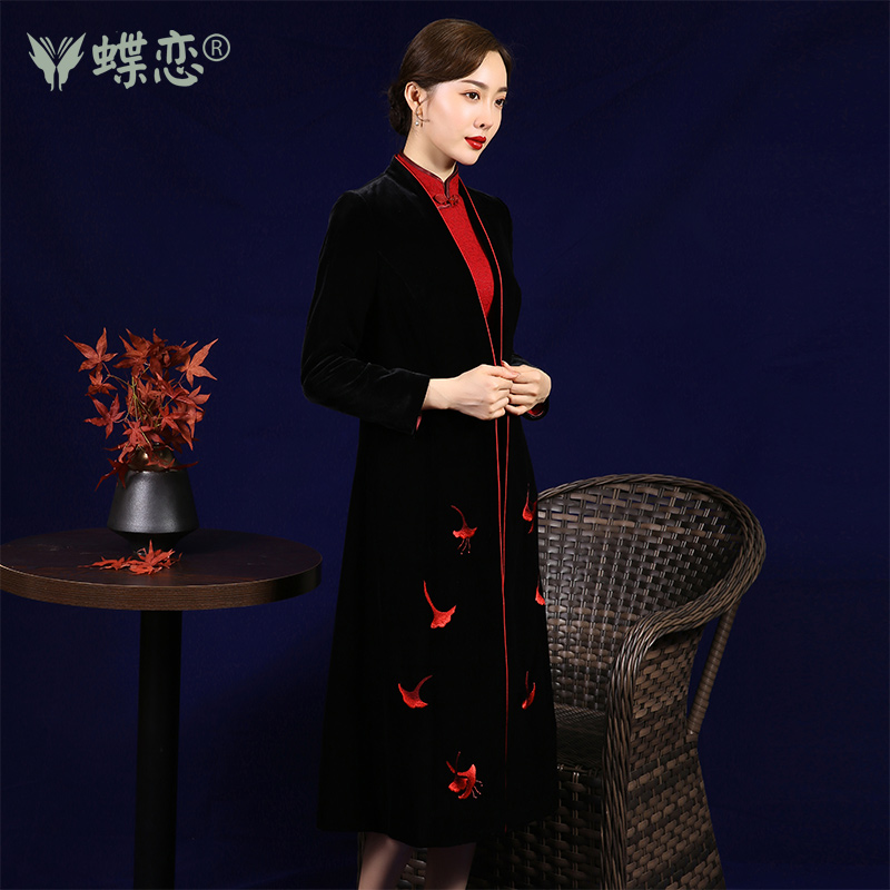 蝶恋 蕙兰 春秋中国风金丝绒中长款手工绣花风衣崔万志旗袍外套女