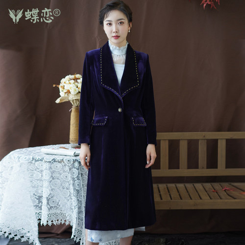 蝶恋中长款手工订珠丝绒风衣外套