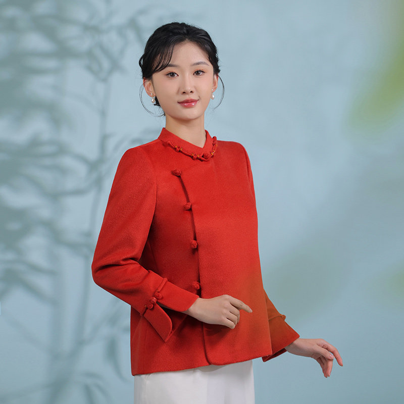 蝶恋绵羊毛优雅宽松立领上衣崔万志中式羊毛呢唐装上衣外套