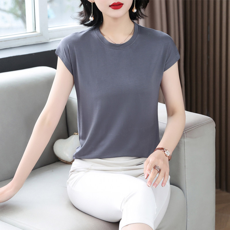 夏装新款中老年女装妈妈装莫代尔圆领大码半袖T恤女宽松遮肚小衫