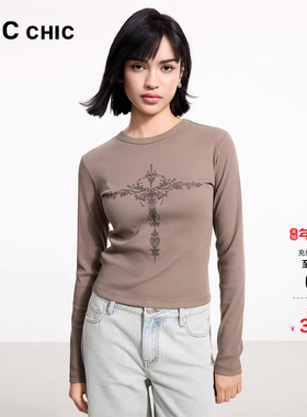 LINC金羽杰上衣女新款T恤女圆领印花修身长袖白色内搭FK077Y