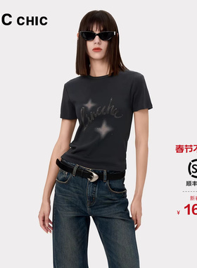 LINC金羽杰正肩短袖女T恤夏摩登复古字母印花圆领修身T恤女TS441Y