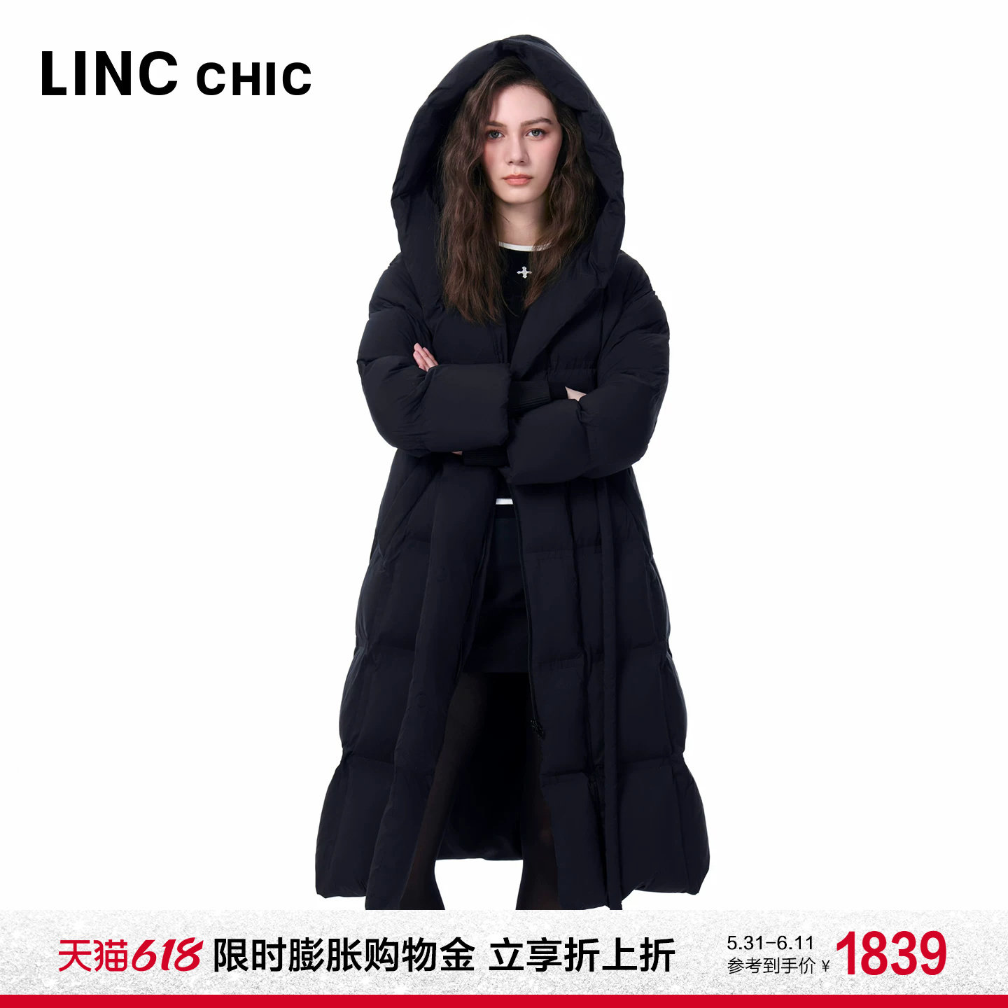 LINCCHIC金羽杰羽绒服女反季大衣感围裹连帽长款羽绒服女外套8261