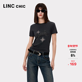 LINC金羽杰正肩短袖 女T恤夏摩登复古字母印花圆领修身 T恤女TS441Y