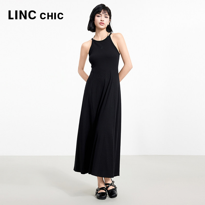 LINCCHIC金羽杰2025年夏季新款连衣裙纯色无袖挂脖针织长裙女306Y